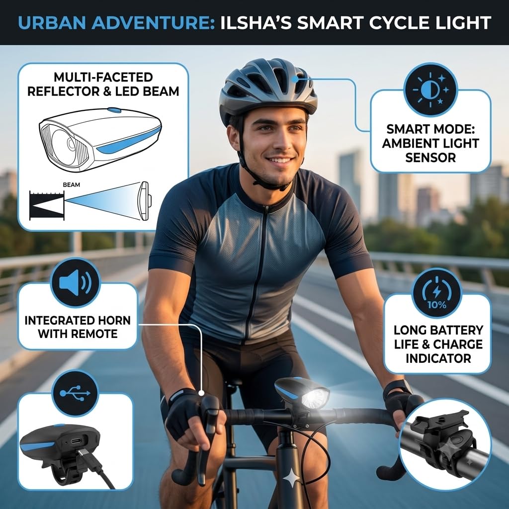 Ilsha® 2-in-1 Rechargeable - Cycle Light (3 Modes) and Horn/Waterproof (120 dB) with Front LED Light (Multicolor) 1