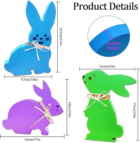 Miniatura 7 de Decoraciones de Pascua, 3 piezas de decoración de conejo de Pascua, decoraciones de Pascua de madera para el hogar, adecuadas para bandeja