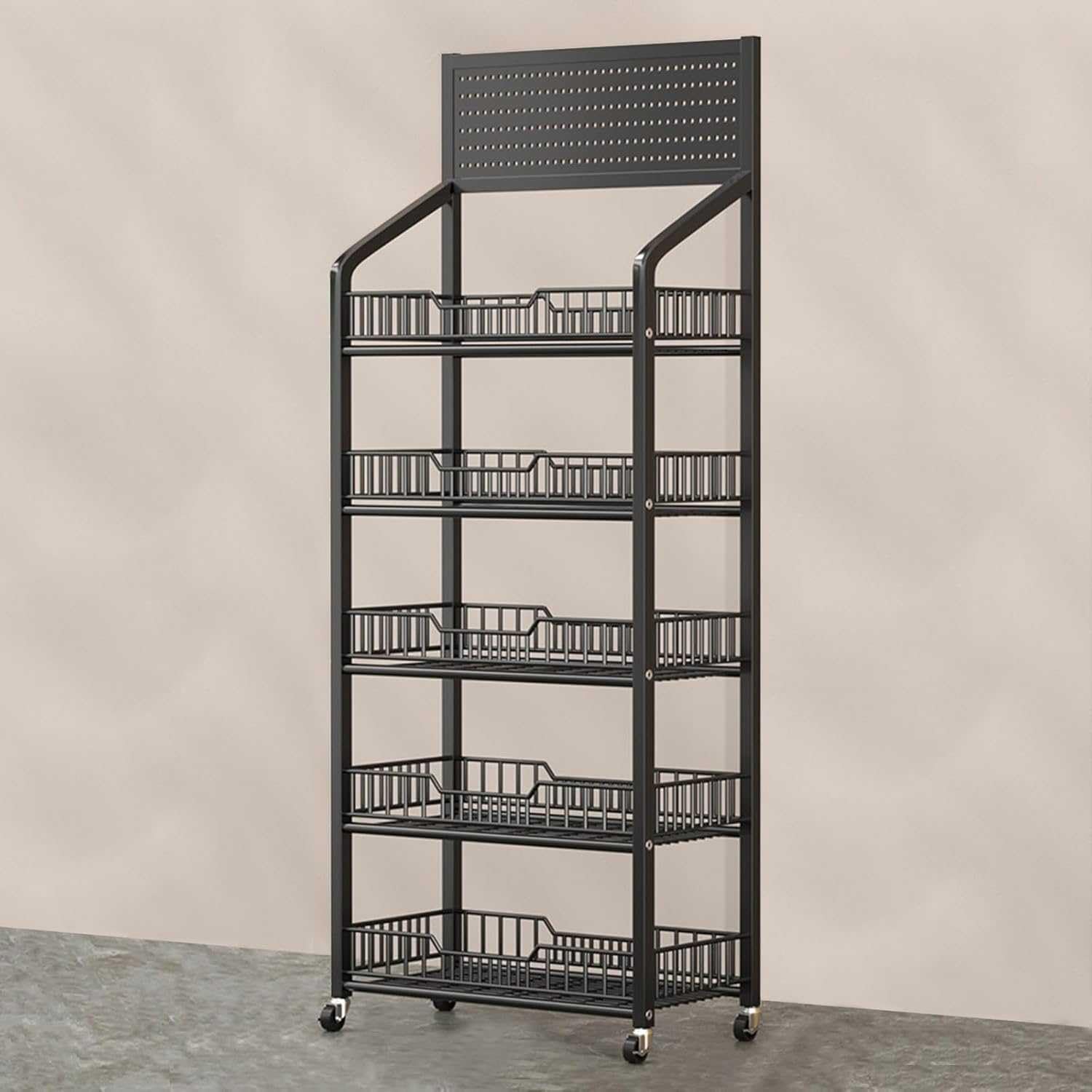 AYCDL Retail Display Rack, Portable Snack Organizer with Wheels, Supermarket Candy and Fruit Display Stand,Black-5 step