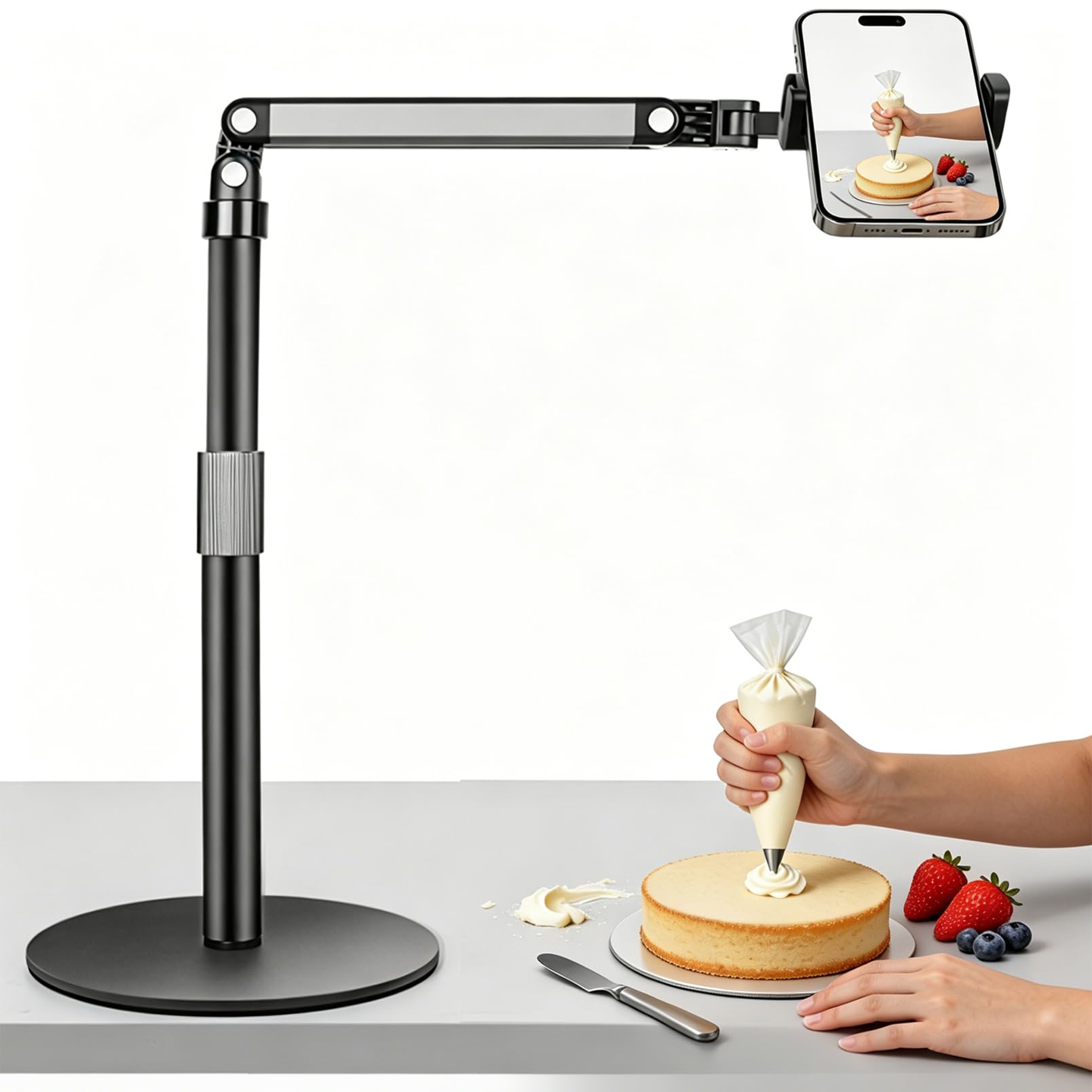 Supporto per Smartphone da Scrivania, Supporto per Cellulare da Tavolo Réglable a 360°, Supporto Telefono in Metallo per Live e Video, Videoconferenza