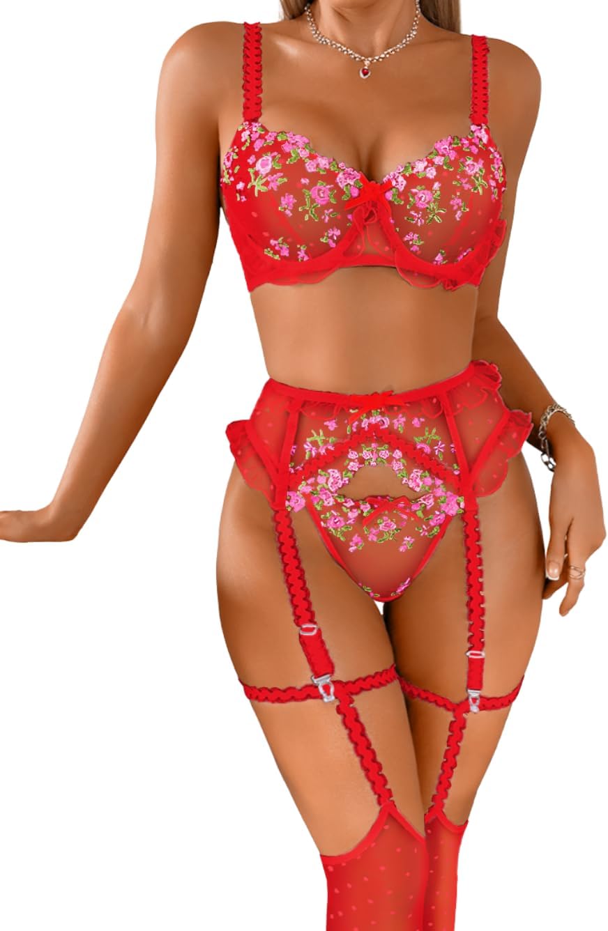 EHSUYAB Women 4Pc Sexy Lingerie Set With Garter Stockings, Underwire Floral Embroidered Ruffle Polka Dot Mesh Lingerie Exotic