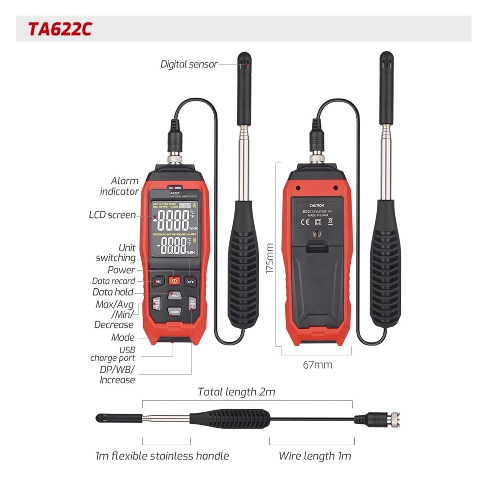 TA622C Hochpräzises Temperatur- und Feuchtigkeitsmessgerät, tragbares digitales Taupunktthermometer, Feuchttemperatur-Hygrometer,Präzisionsinstrument(TA622C)