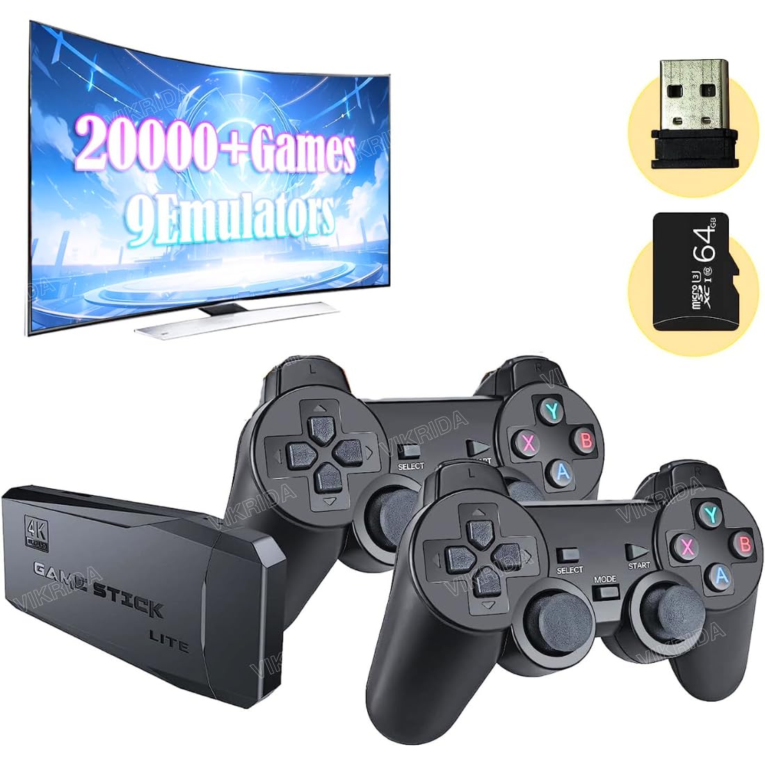 VikriDA Wireless Retro 24000+Games Built-in Supports Multiple Devices in 4K Ultra HD - Plug & Play Video TV Game - 64GB TF Card, 9 Emulators Toy for Kids