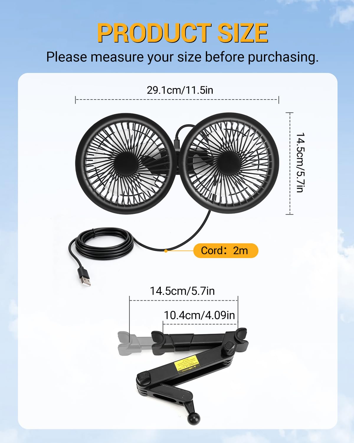 Ventola per Auto USB C Ventilatore Auto Doppia Testa Ventilatore per Sedile Posteriore 5V/2A Rotazione a 360°con 3 Velocità e Display Digitale per Camion SUV RV Cani