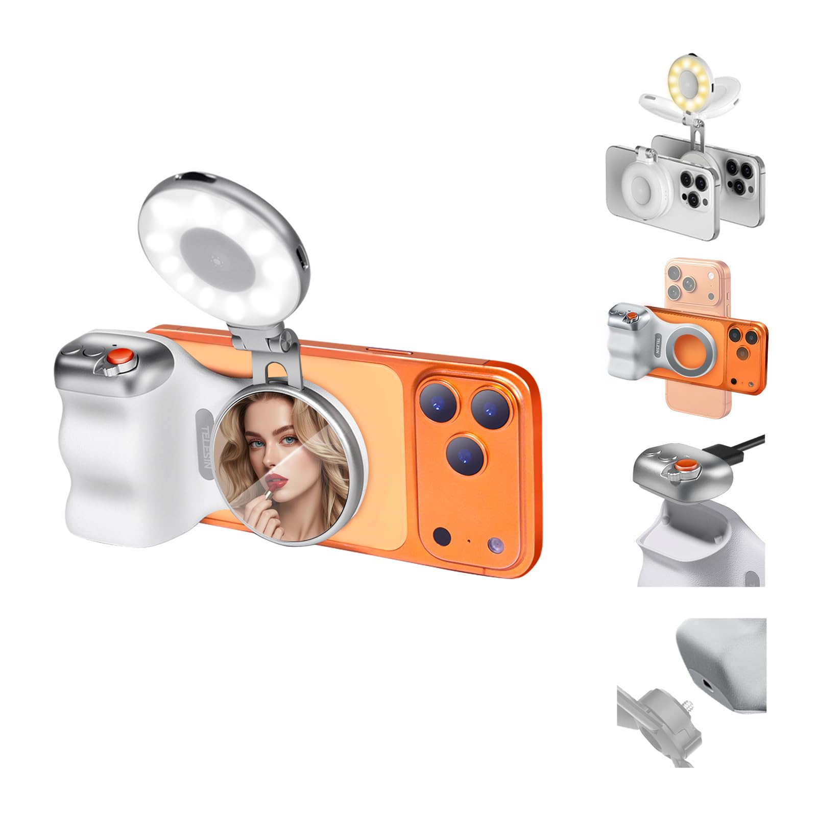Fun Shot Smartphone Handle Grip e C03 Magnetica Selfie Luce,Impugnatura per Telefono Fotocamera con USB-C Telecomando Bluetooth, Maniglia per Scattare Foto Phone, compatibile con iPhone e Andriod
