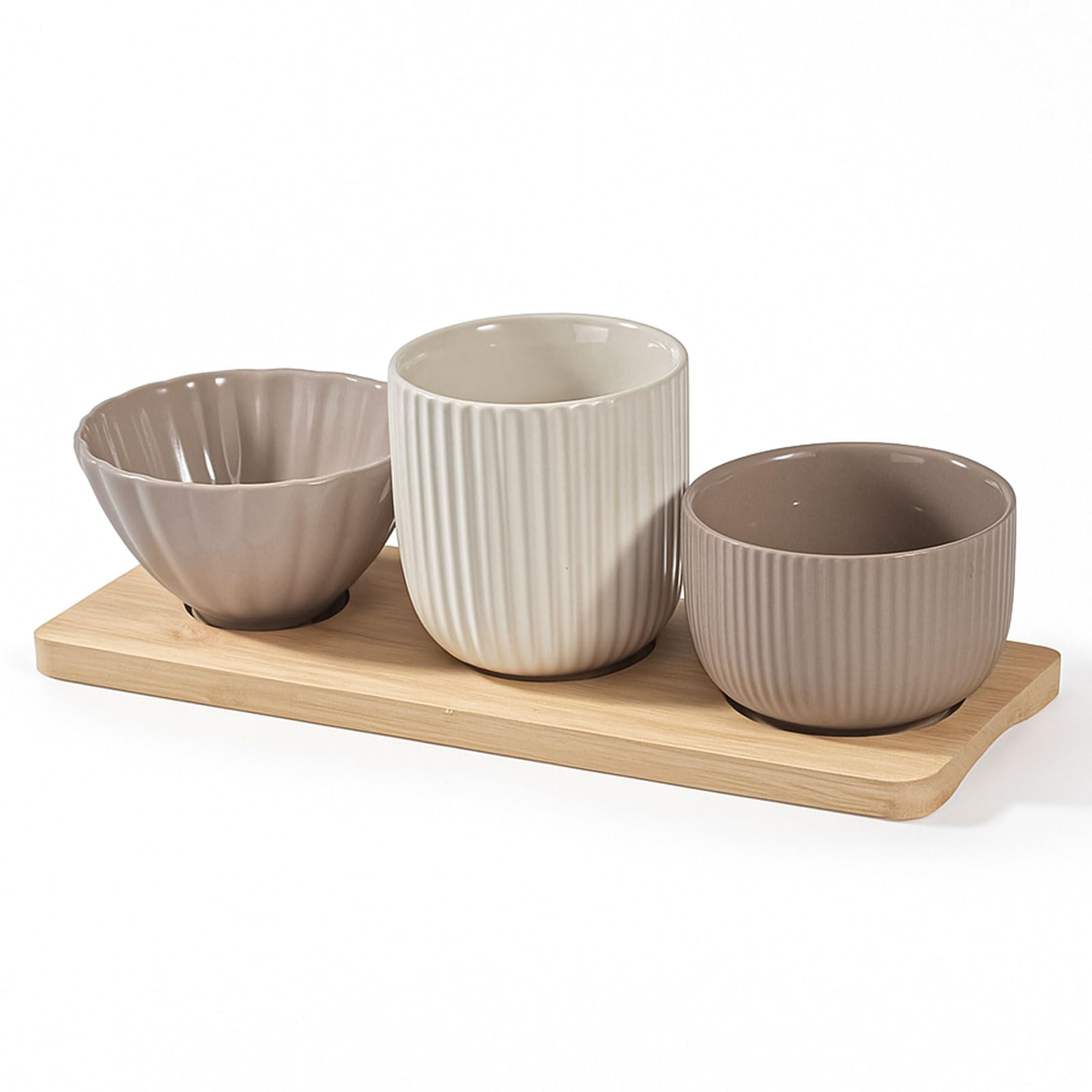 Murago - Servierset mit Bambustablett & 3 Keramikschalen - Dip-Schalen Set für Snacks Tapas Oliven Nüsse modernes Rillendesign Naturtöne Spülmaschinengeeignet Taupe Cream Beige