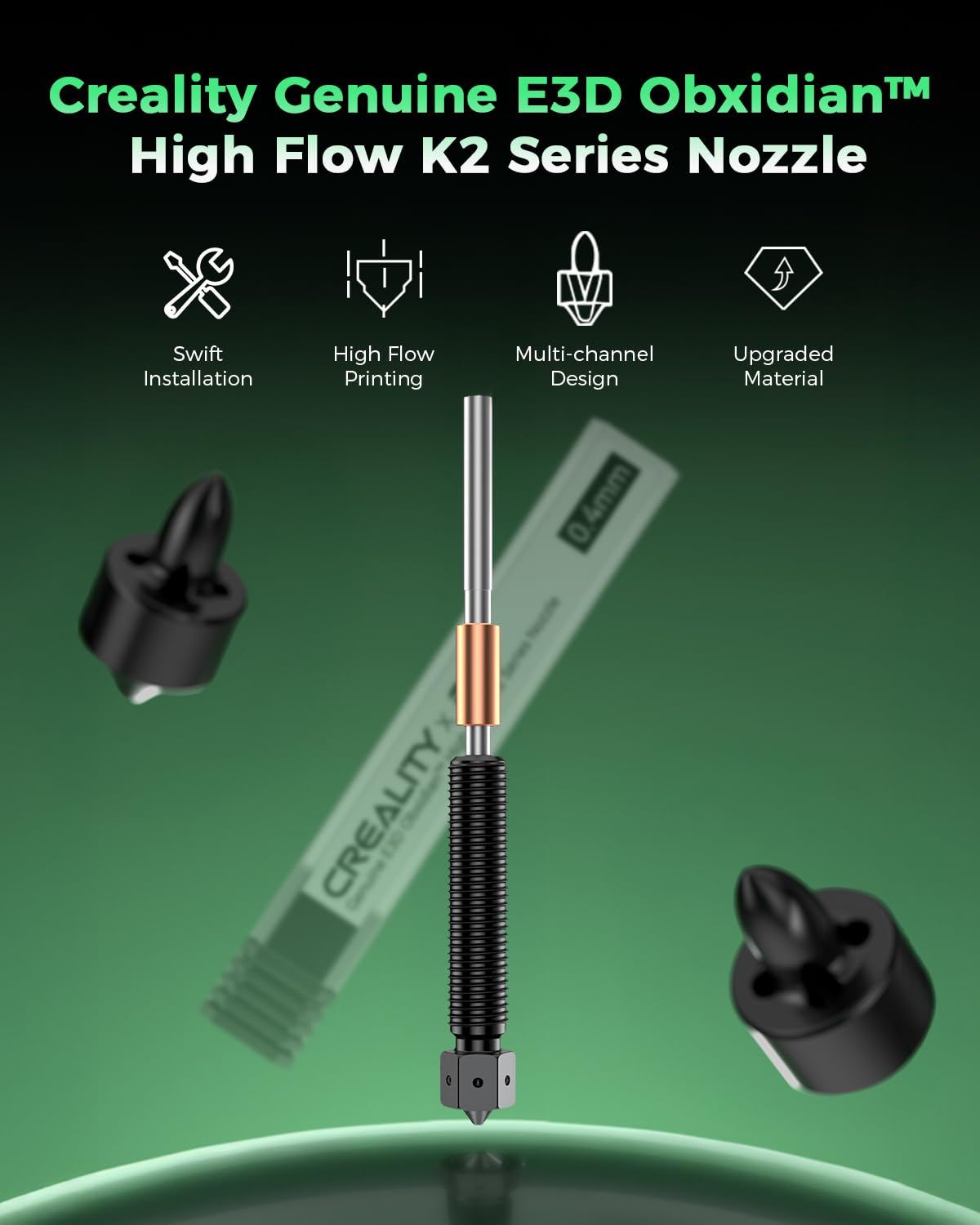 Creality Boquilla K2 Plus de 0,4 mm, boquilla E3D ObxidianTM de alto flujo, boquilla de acero endurecido con diseño multicanal, impresión de alta velocidad de 600 mm/s para impresora 3D Creality K2