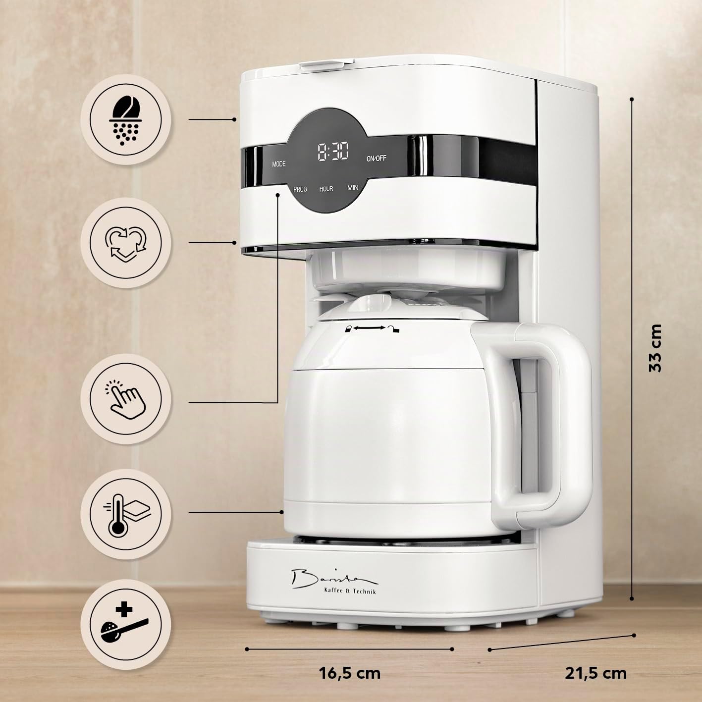 Barista Cafetera de filtro con jarra térmica, máquina de filtro con pantalla táctil y función de temporizador, cafetera con filtro permanente y 900 W, depósito de agua de 1,25 litros para 8 tazas de