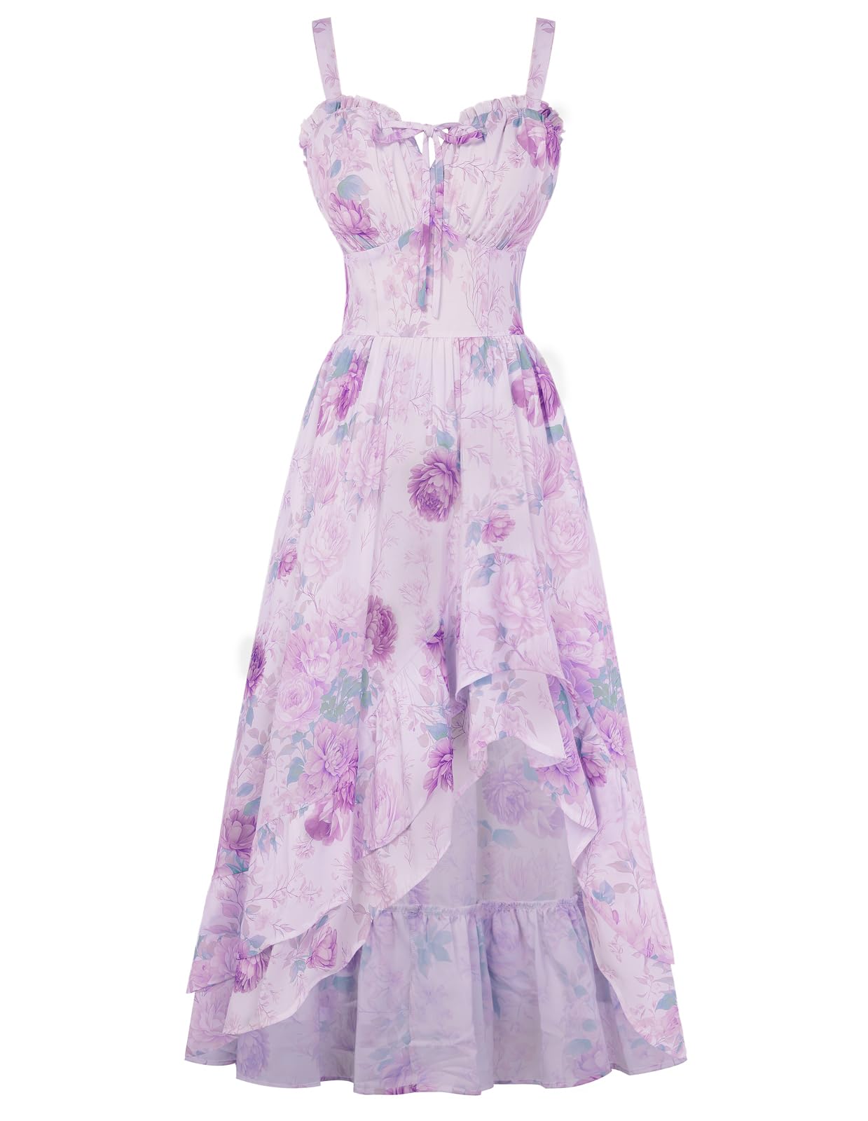 SCARLET DARKNESS Damen Viktorianisches Blumenkleid Spaghettiträger Sommerkleid High-Low Rüschensaum Lang Kleider Hellviolett mit Violett Blumen XXL