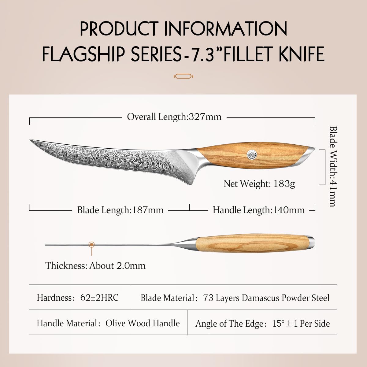 HEZHEN Damasco Coltello per Sfilettare, Coltello Da Filetto Acciaio Damasco Coltelli da Disosso Filettare Professionale, Manico in Legno Ergonomico