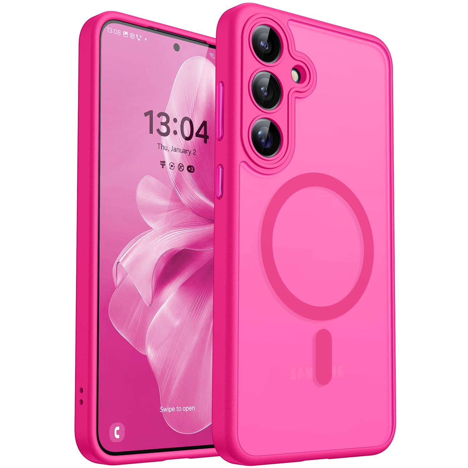 CANSHN Magnetica Cover per Samsung Galaxy S25 Plus (6.7 Pollici), [Protezione Completa Della Fotocamera] Custodia Traslucida Opaca Protettiva Sottile Antiurto,Rosa Calda