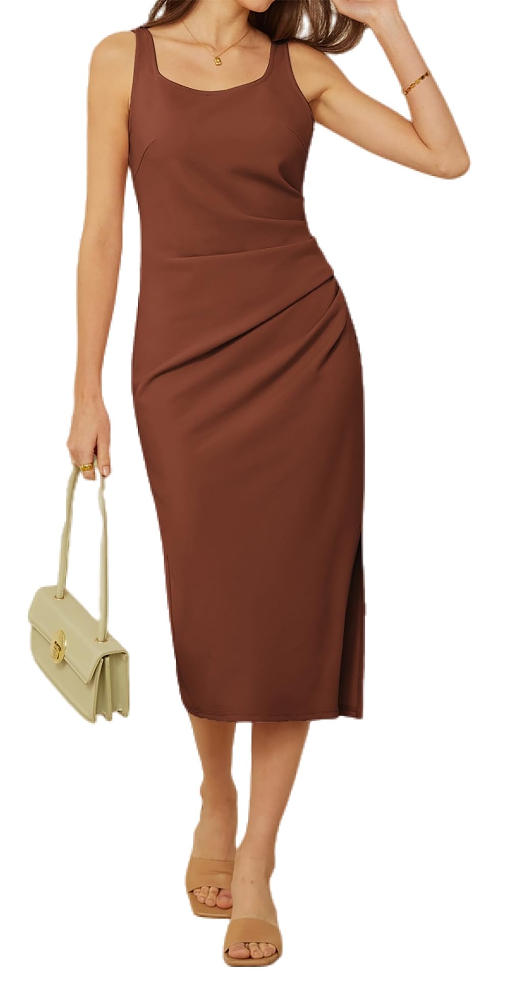 GRACE KARINWomen's Midi Summer Dresses Square Neck Sleeveless Ruched Bodycon Cocktail Party Dress