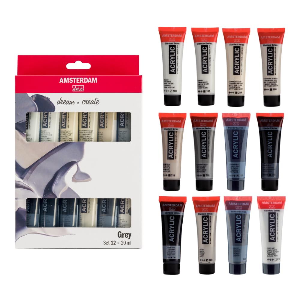 Amsterdam Standard Series Set Di Pittura Acrilica Grigia | Tonalità Di Bianco, Grigio E Nero (12 X 20 Ml) | Set Monocromatico-image