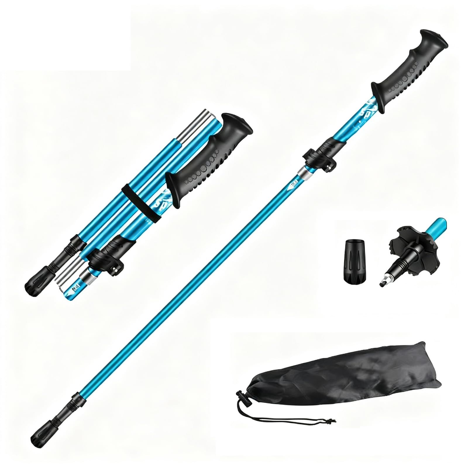 Folding Hiking stick, Walking Pole, Single Trekking Pole, Walking Stick for Hiking, Camping, Lightweight Backpack travel Staff, Best Gift for Outdoor Enthusiasts (Blue straight handle, Short)