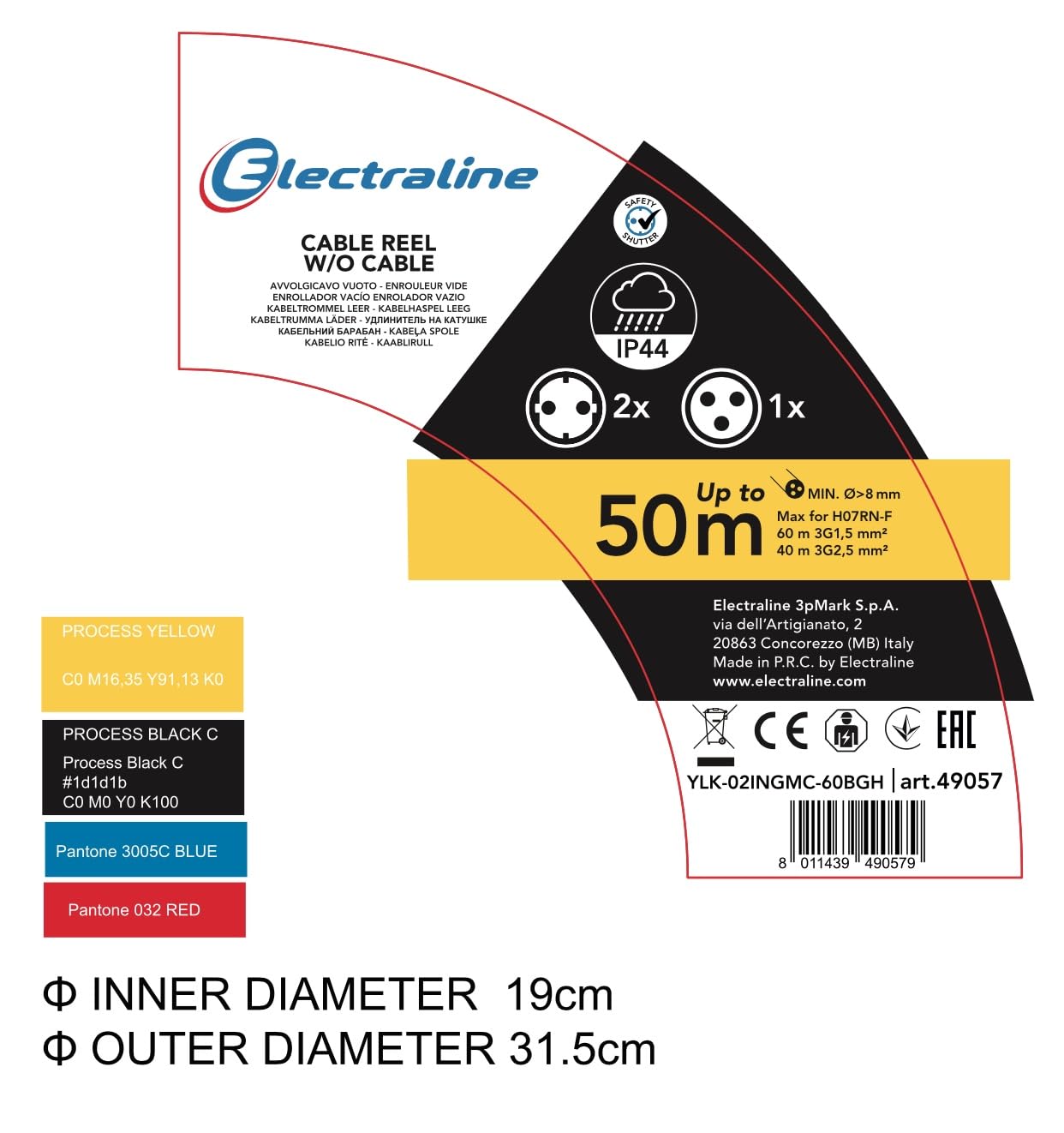 Electraline 49057 Avvolgicavo, Avvolgi-Prolunghe senza cavo in metallo antiruggine per uso Professionale, Con 2 prese Schuko + 1 industriale IEC. Maniglia eronomica + Pomello rotante