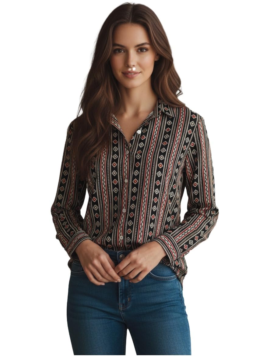 ANNI Designer Bedrucktes Damenhemd aus Baumwollmischgewebe, langärmelig, normale Passform, Hemdkragen, legere Bürokleidung, elegante Western-Kleidung für den Alltag, Hochzeit, Party