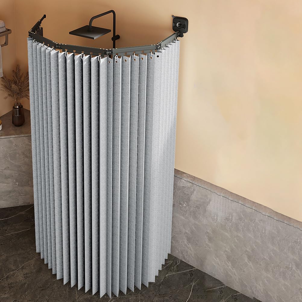 Barra de cortina de ducha ajustable en forma de L/U sin taladrar con ventosas fuertes, impermeable y antimoho, diseño gris plegable para una fácil instalación en duchas de esquina