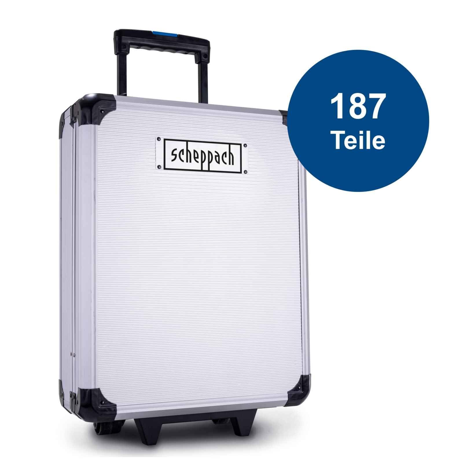 Scheppach WZT187 - Cassetta degli attrezzi, 187 pezzi, con manico estraibile, martello, pinza, set di chiavi a bussola, valigetta in alluminio