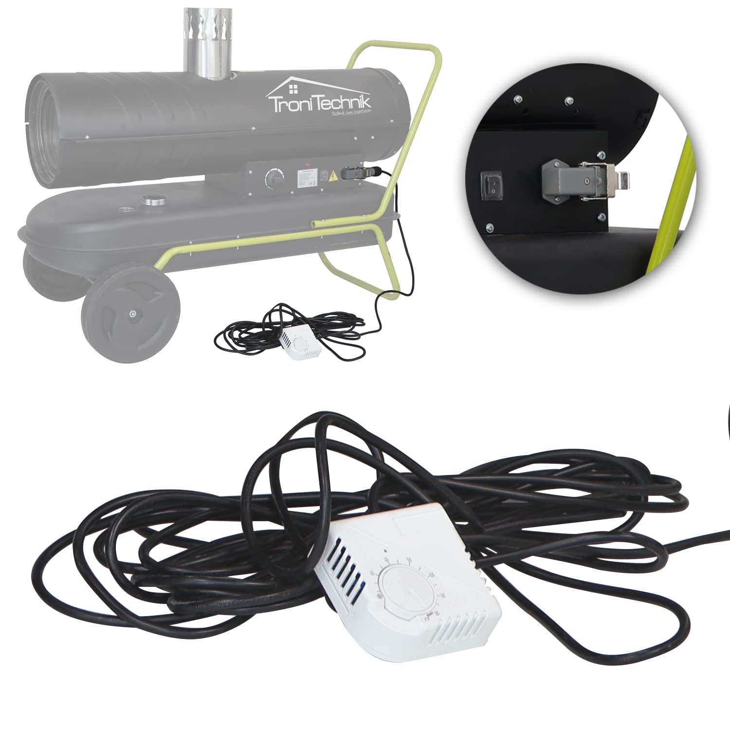 Tronitechnik® Externes Thermostat für Heizkanone TT-HK 244 und TT-HK 245 Heizkanone Dieselheizgebläse Dieselheizer Heißluftgenerator Heizgerät Bauheizer Heizer mit Tank, mit Rädern und Thermostat