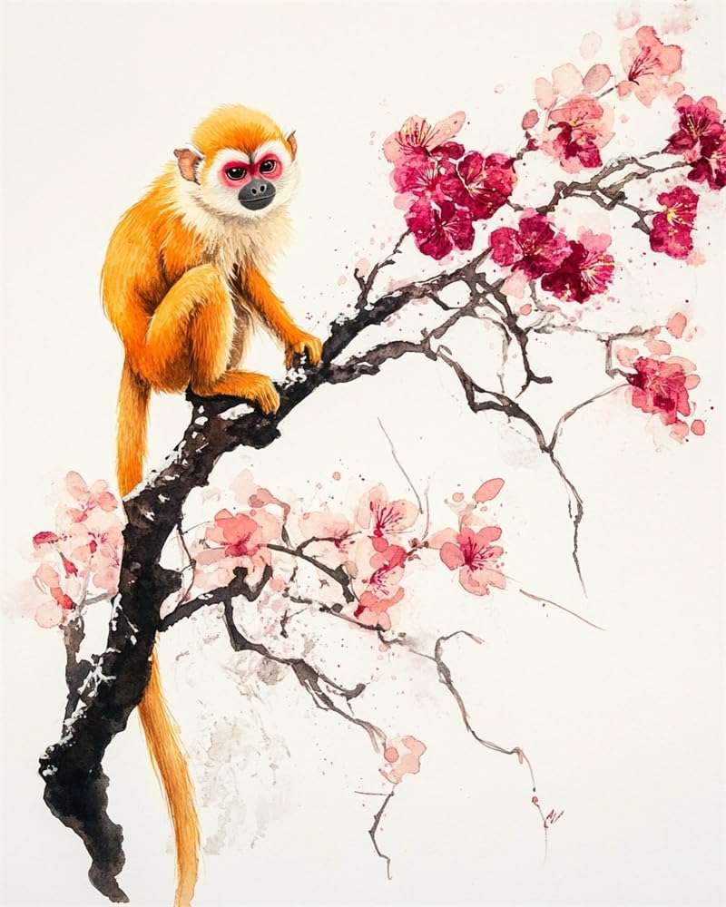 Henypt DIY Cross Stitch Kits for Beginners,Monkey Standing On A Plum Blossom Branch 11Ct Counted Needlework Kits for Adults,Stamped Cross Stitch Kit with Printed,Hand Embroidery Kits for Home Wall