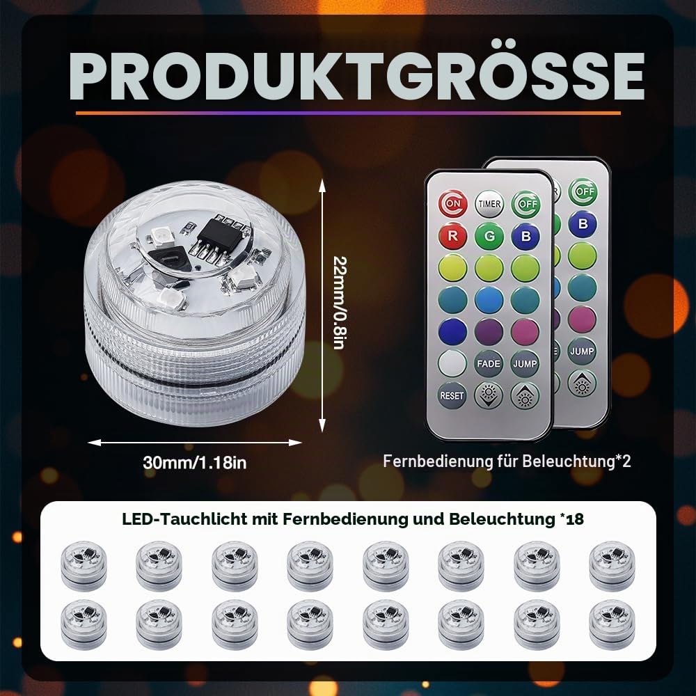 Mini Unterwasser Licht, 12/18 Stück Mini led Teelichter Bunt mit Fernbedienung, 13 Farben RGB Led Lichter mit Fernbedienung, Wasserdichte Teelichter für Vase, Aquarium, Pool, Garten, Party (18)