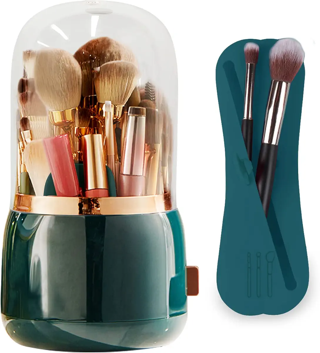 MUFMUF 2Pack Makeup Brush Holder,360 Rotating Acrylic Makeup Brush Organizer with Lid,Spinning Makeup Storage Container,Comes with a Travel Silicone Makeup Brushes Holder (Dark green)