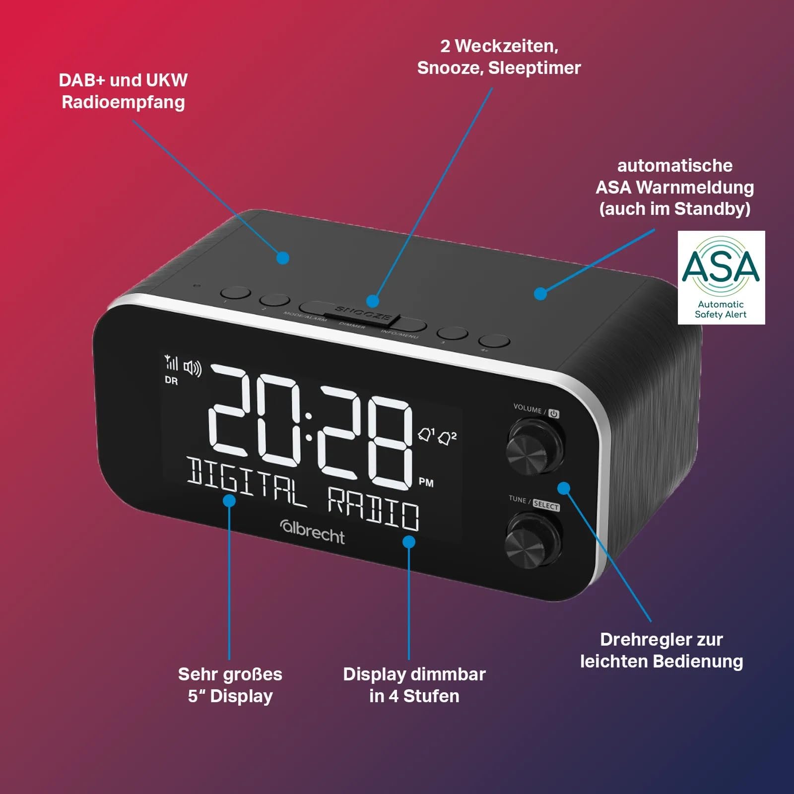 Albrecht DR 455 Radiowecker DAB+ und UKW | ASA Alarmfunktion für Sicherheitsmeldungen | 5-Zoll-Display abschaltbar | Crescendo & Snooze