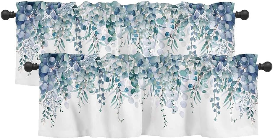2 Pack Green Eucalyptus Window Valance Curtains Watercolor Leaves Window Treatment for Kitchen Windows Bathroom Bedroom Living Room Farm 1 Panel Rod Pocket Short Curtain, 54x18 in, Green White