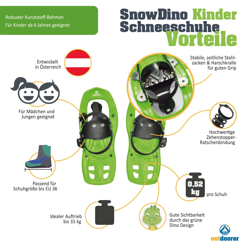 outdoorer Schneeschuhe Kinder SnowDino in Grün – robuster Kunststoffrahmen, für Kinder bis Schuhgröße 36