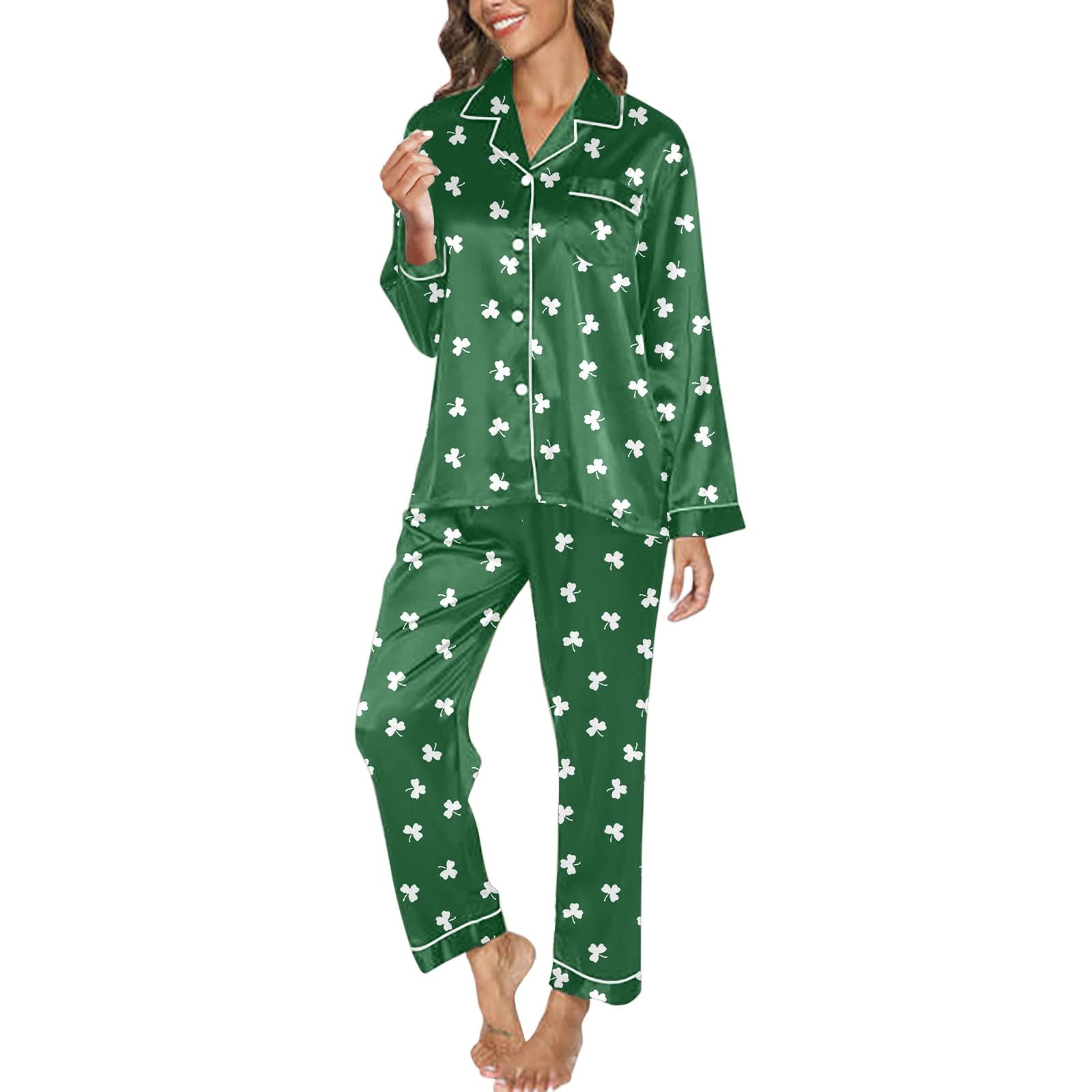 St Patricks Day Pajamas for Women Green Irish Shamrock Satin Silk Button Down Long Sleeve Sleepwear 