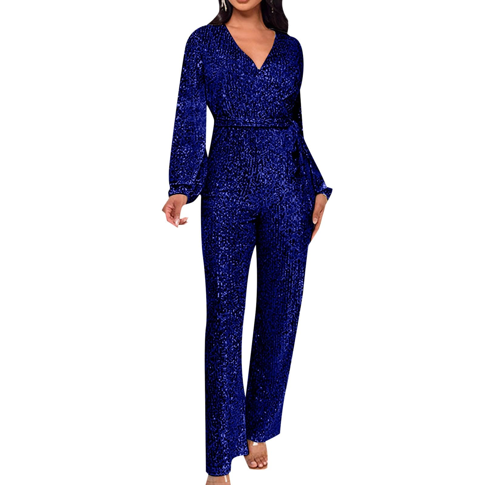 Jumpsuit Damen Langarm Party Overall Pailletten Glitzer Hochzeit Hosenanzug Romper Festlich Lang Playsuit Elegant Einteiler Hohe Taille Jumpsuits Clubwear