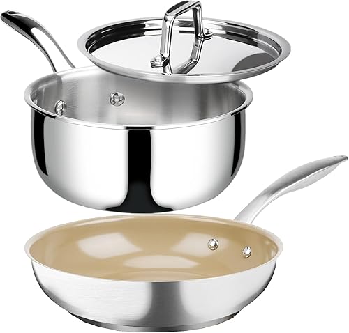 Duxtop Cacerola de acero inoxidable de tres capas de 3 cuartos de galón con tapa, sartén antiadherente con revestimiento de cerámica de 8 pulgadas,