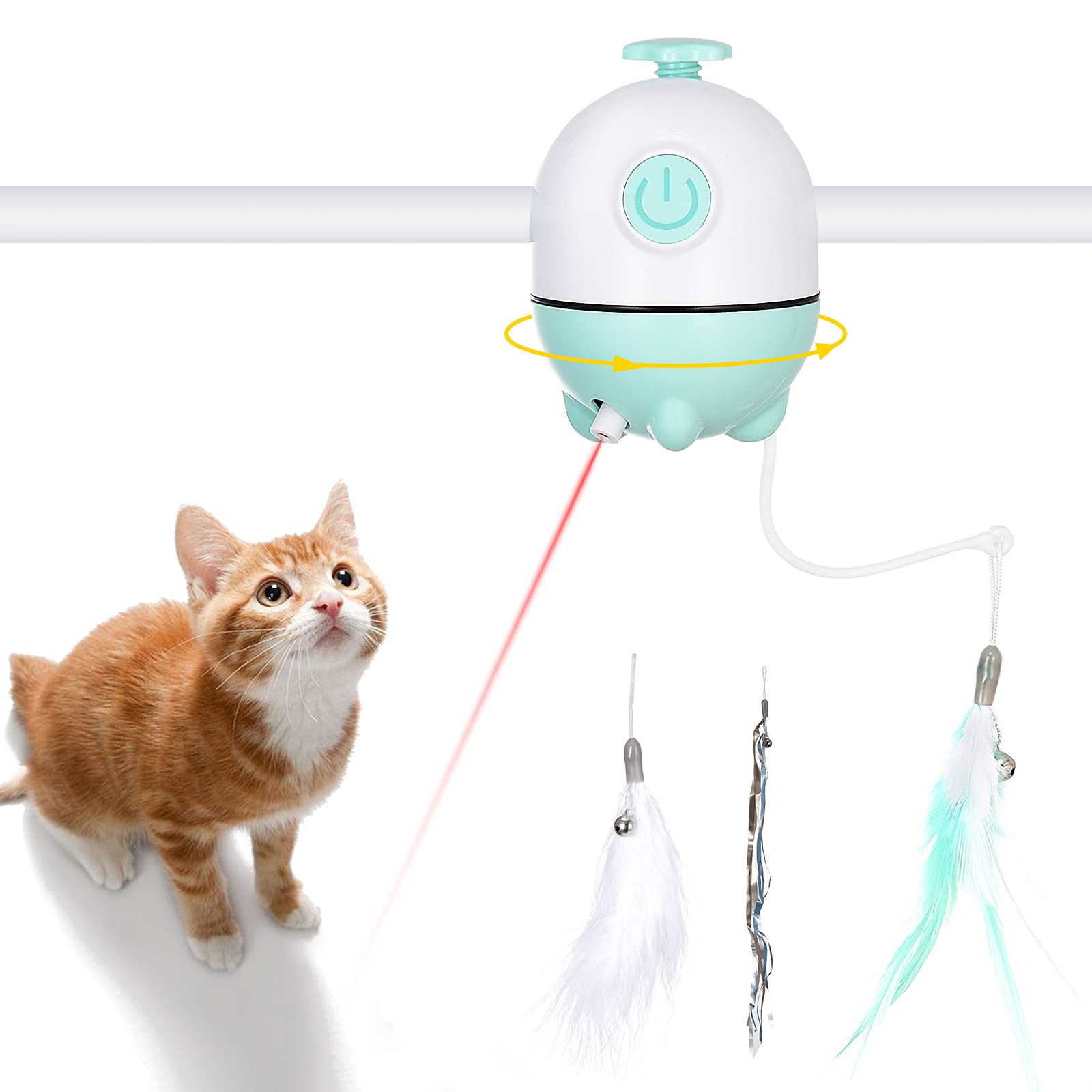 APPLYSU Interactive Cat Toys, 2 in 1 Cat Laser Toys and Cat Feather Toys, Automatic Cat Toys for Indoor Cats Irregular Operation, Pet Exercise Toys, with Feather and Bell Ribbon Replacement