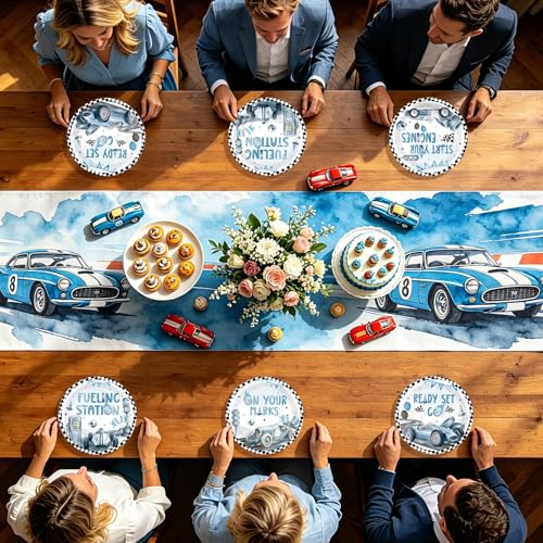 Image of 60 Pcs Vintage Race Car Paper Plates 9 inch Heavy Duty | Blue Race Car Birthday Plates Disposable Start Your Engines Dinner Platters for Baby Shower Birthday Party Supplies Decor