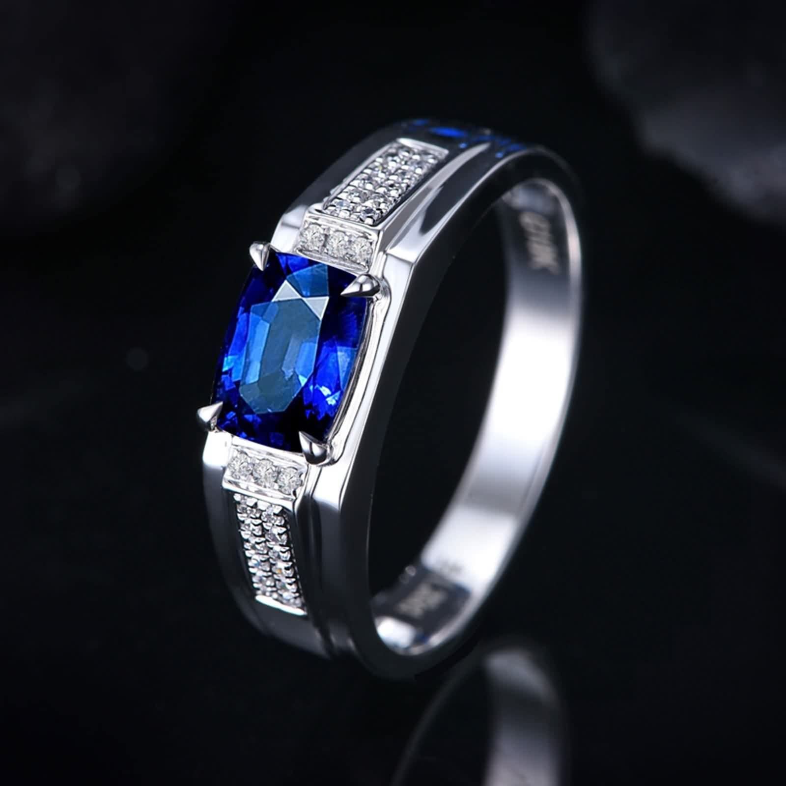 Anillos Mujer Plata Zafiro, Anillo Matrimonio Azul Oro Blanco 18K Azul Forma Rectangular Diamante Blanco para Esposo con Joyero