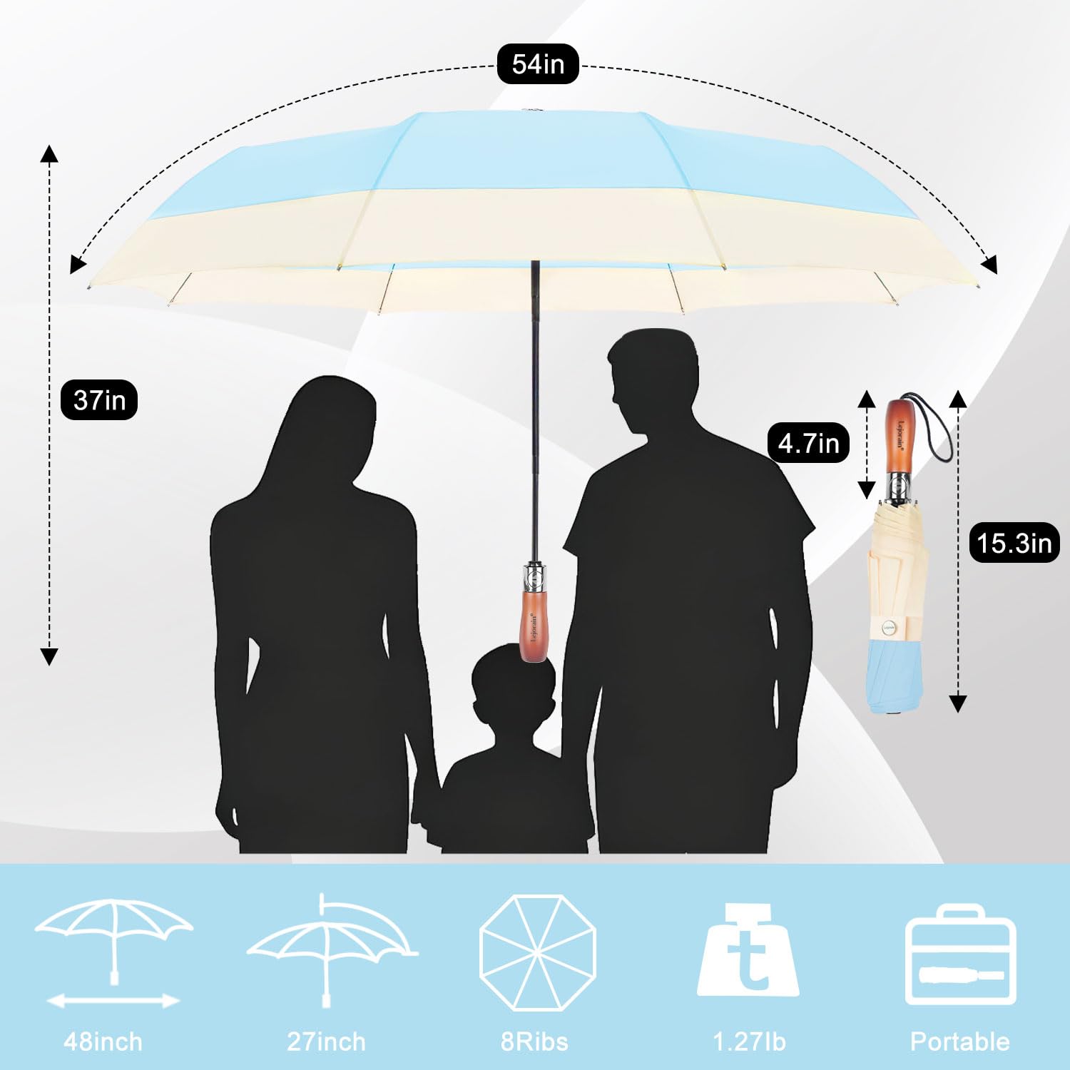 Lejorain Parapluie de golf pliable – Résistant au vent – Parapluie compact extra large de 137,2 cm pour voyage en téflon 210T pour adulte