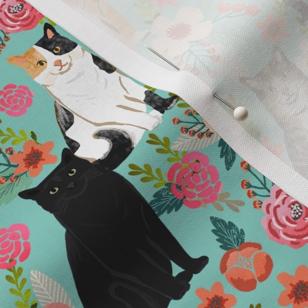 Spoonflower Fabric - Cat Lady Florals Feiine Breeds Pet Kitten Mint Green Cats Lover Printed on Petal Signature Cotton Fabric Fat Quarter - Sewing Quilting Apparel Crafts Decor