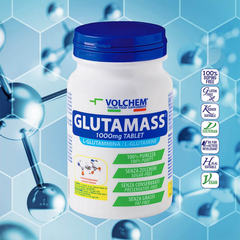 Volchem Glutamass Tablet, Integratore Alimentare con L-Glutammina in Forma Libera, 100% Purezza, Recupero di Sforzi Intensi, Senza Grassi, Conservanti e Zuccheri (120 cpr)