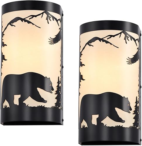 Aplique de pared, apliques de pared de pergamino crema de metal de oso de granja, juego de dos, apliques de pared rústicos negros mate, apliques de