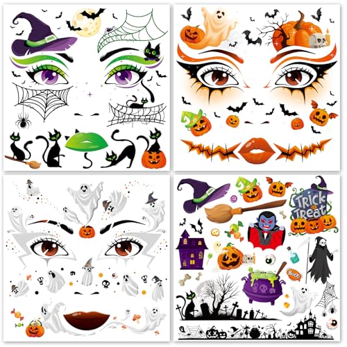 HOWAF 4 tatuagens rosto de Halloween, tatuagens temporárias abóbora, bruxa, fantasma, aranha, morcego, autocolantes rosto festival para disfarce abóbora, disfarce de Halloween carnaval