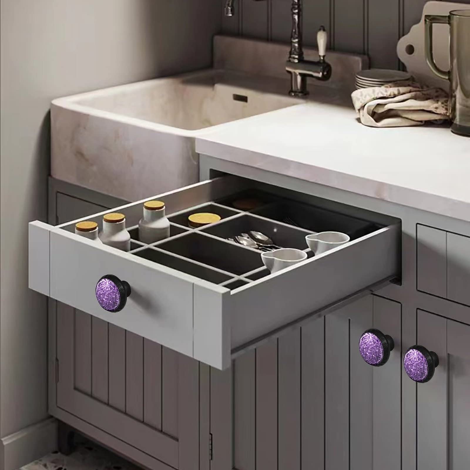 Elohiym 6 Pack Black Drawer Pulls Knobs, Deep Purple Glitter Cabinet Knobs  Crystal Glass Dresser Knobs for Kitchen Bathroom Hardware - Amazon.com