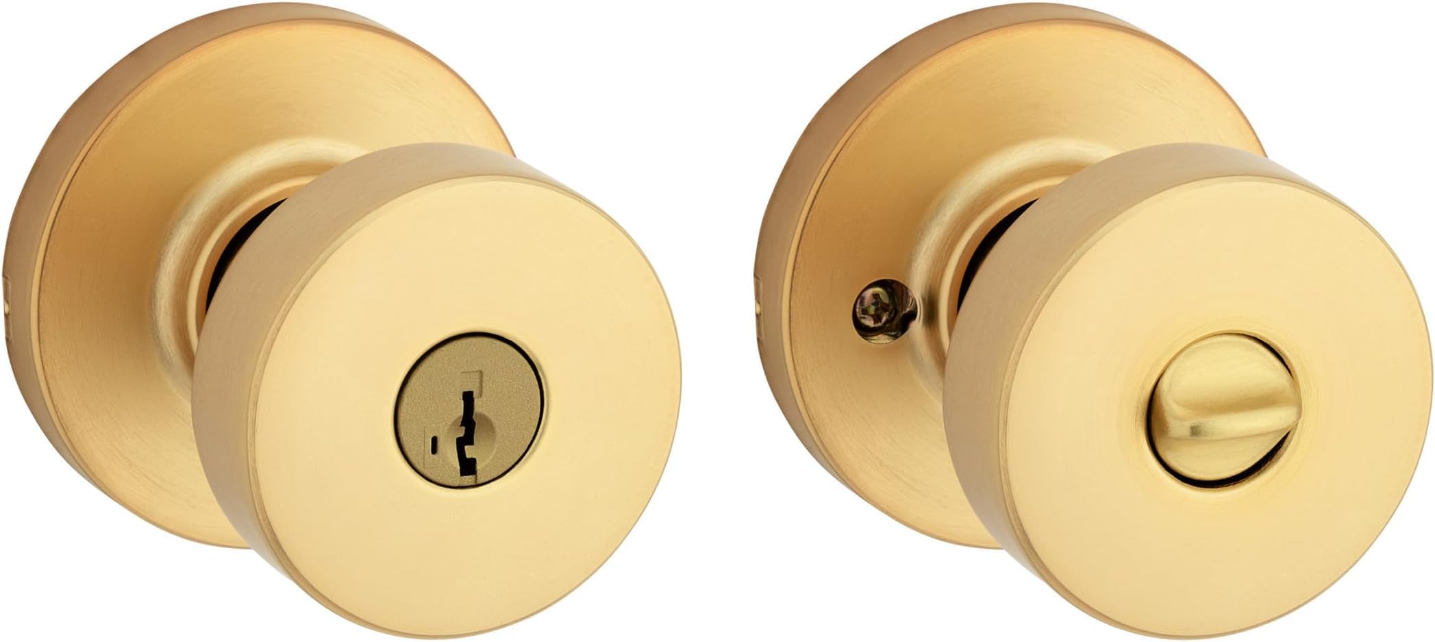 Kwikset Pismo Entry Door Knob with Lock and Key, Secure Keyed Handle Exterior Doorknob, Front Entrance and Bedroom, Satin Brass, Round, Pick Resistant SmartKey Rekey Security, Microban Protection