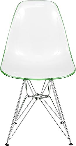 Miniatura 5 de LeisureMod Silla de comedor de acrílico moldeado con base Eiffel cromada, silla auxiliar con borde blanco y verde con respaldo curvado para cocinas