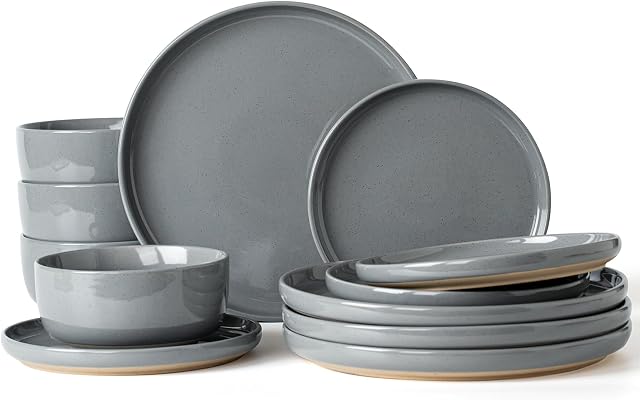 Richmount Milkyway Plates and Bowls Set, 12 Pieces Dinnerware Sets, Dishes Set for 4, Dark Gray