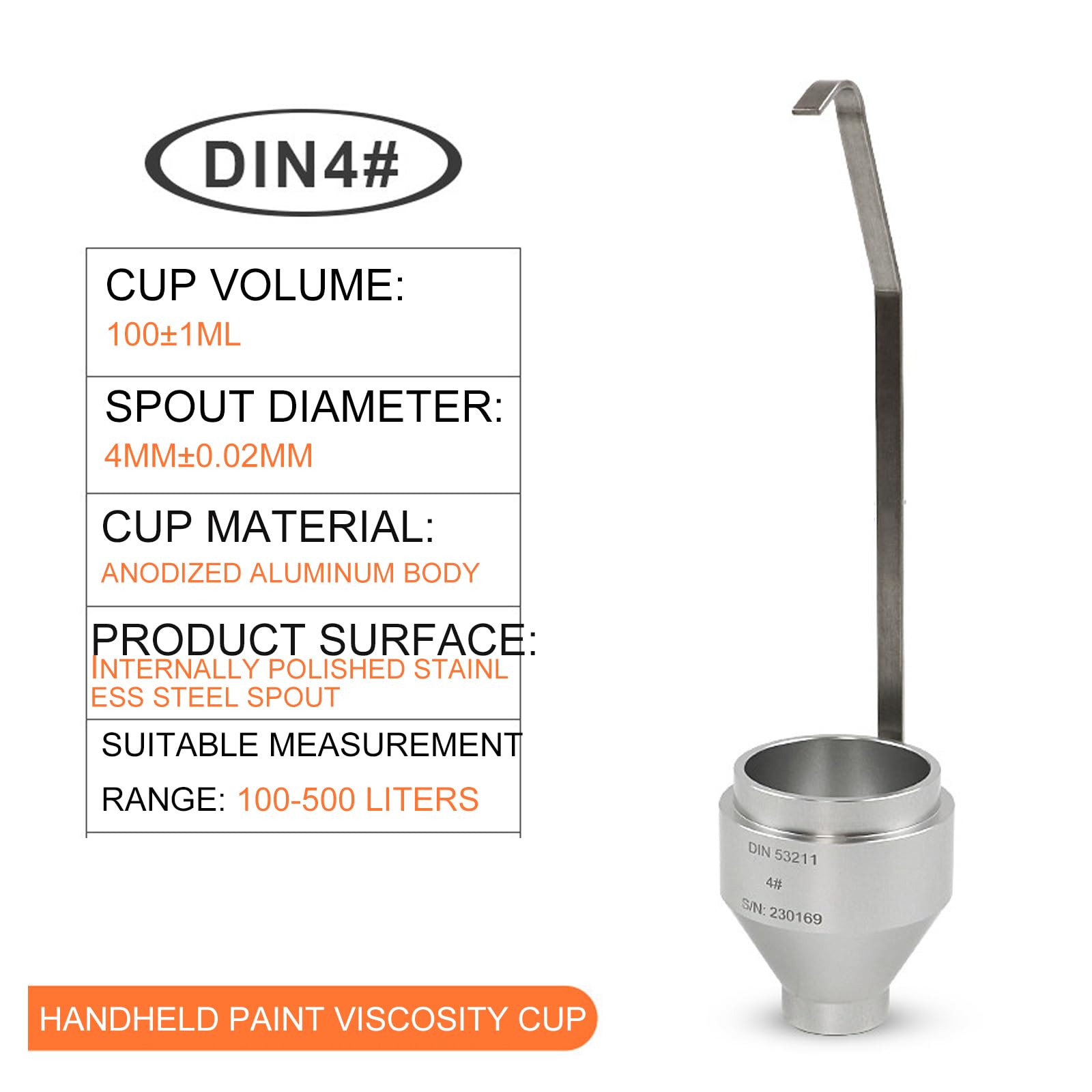 Vaso de viscosidad de inmersión con boquilla de 4 mm, vaso de viscosidad de pintura de acero inoxidable de 100 ml para pintura, aceite, tinte, salsa, miel