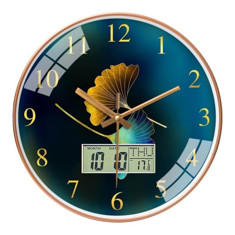 Image of Ash & Roh 12 Inch Silent Quatrz and Non-Ticking Wall Clock with Easy to Read Number and Analog Display Stylish & Decorative Design for Office, Living Room, Bedroom (Blue Flower Digital)