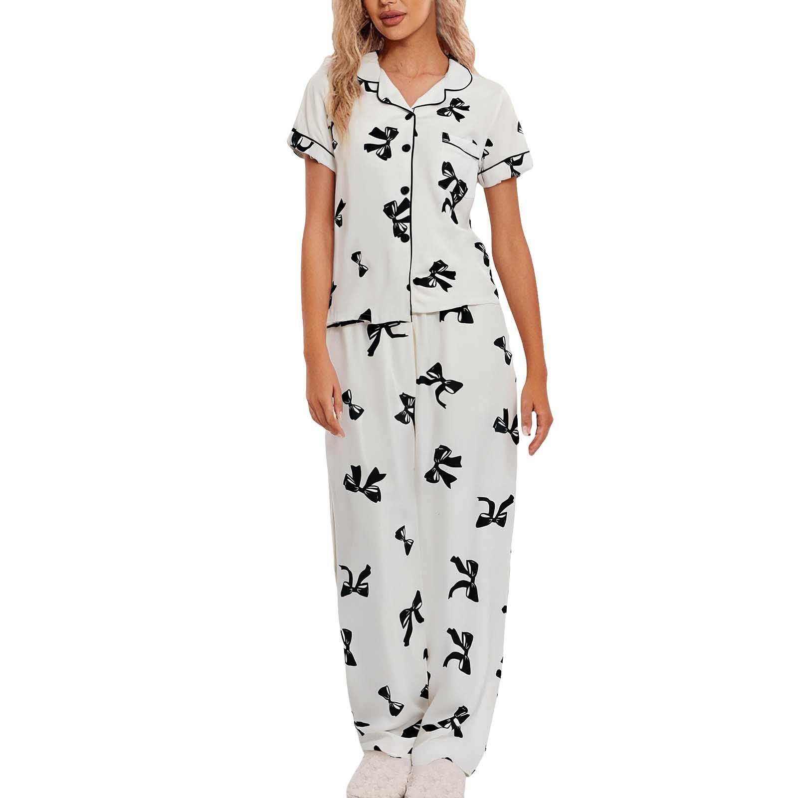 Pyjama mit Schleifenaufdruck zum Valentinstag für Damen, Set mit Hose und Knopftasche, süßer Stil