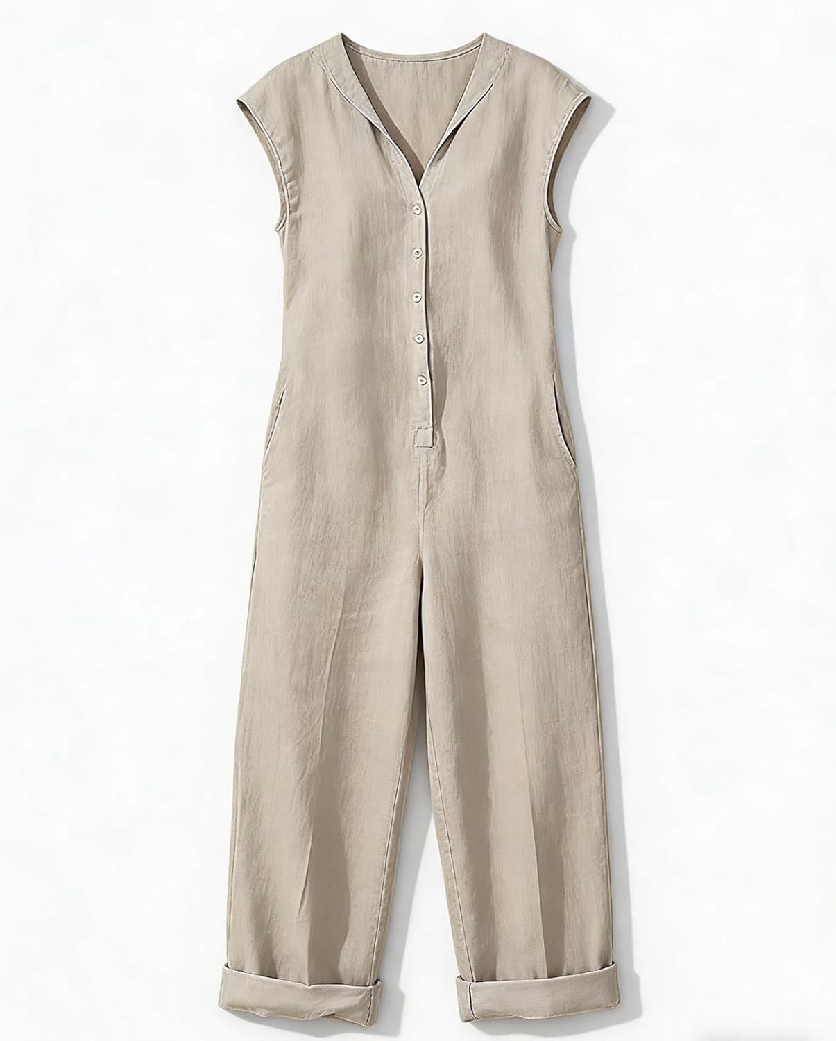 Linen Jumpsuits for Women Button Down Casual Loose One Piece Overalls Short Sleeve Wide Legs Flowy Rompers - Image 7