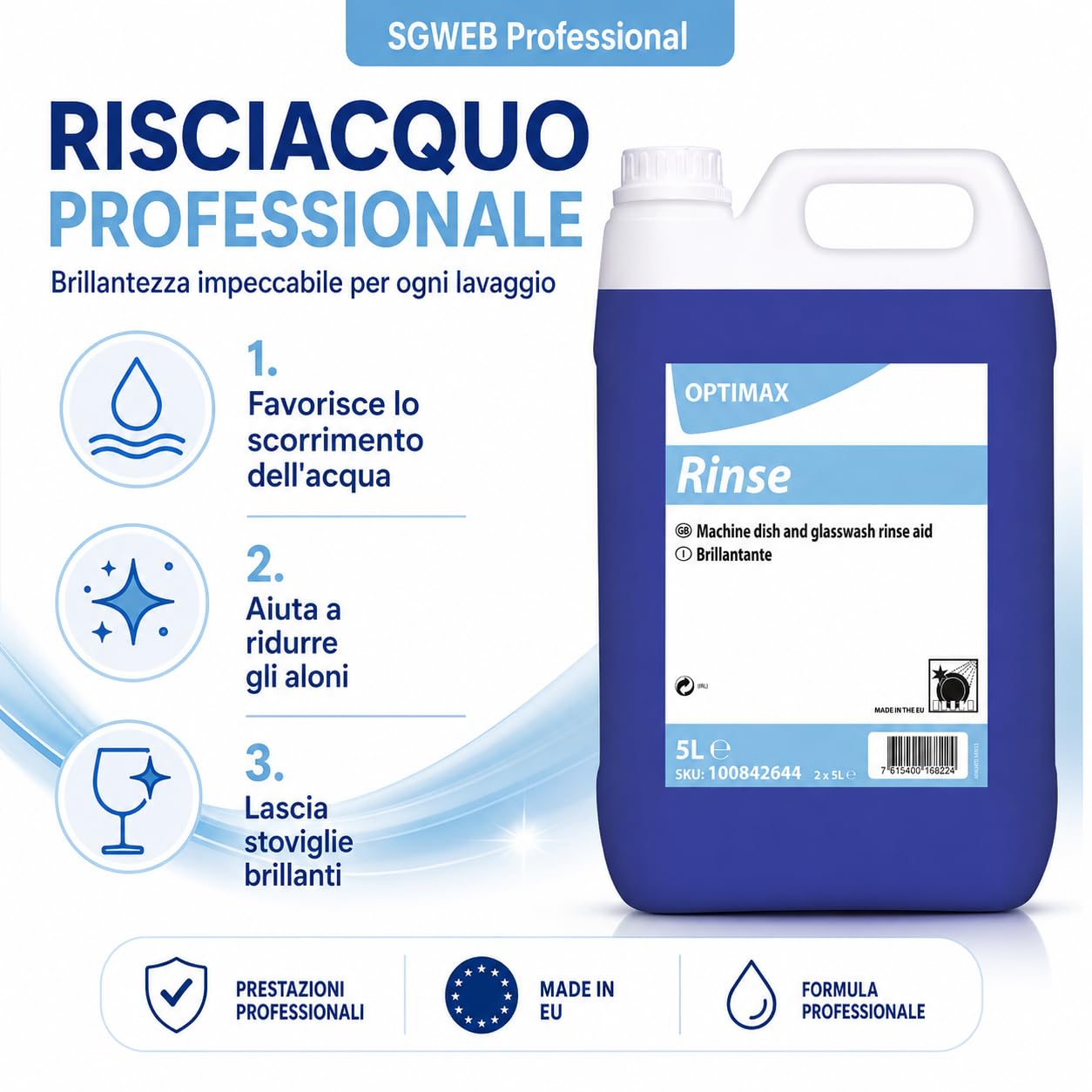 Brillantante Lavastoviglie Professionale 2 x 5L, Additivo Liquido per Risciacquo Stoviglie, Bicchieri e Posate, Asciugatura Rapida, Meno Aloni e Brillantezza Professionale