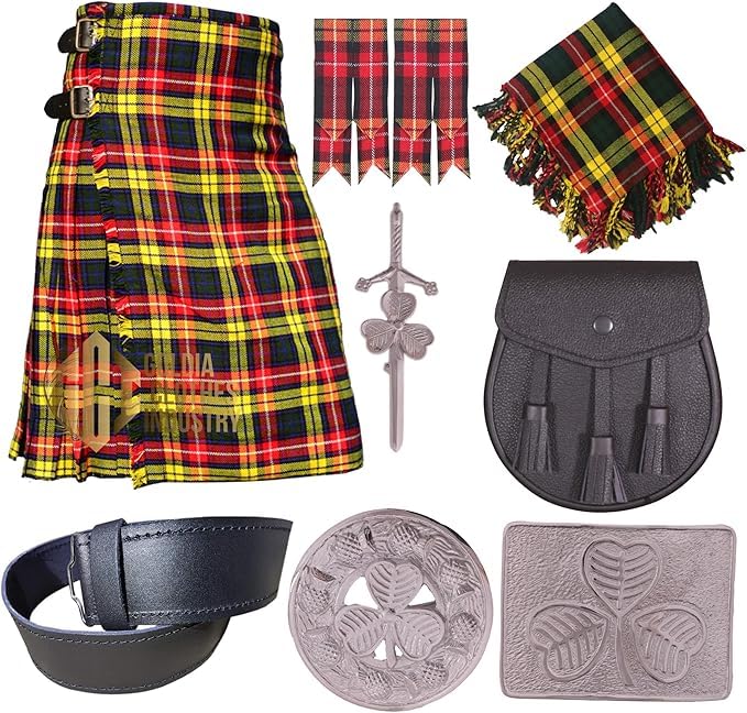 Goldia Clothes Industry Scottish Tartan Kilt Outfit – 8 Yards 16Oz Kilt with Accessories – Custom-Made in Various Tartans (Buchanan)